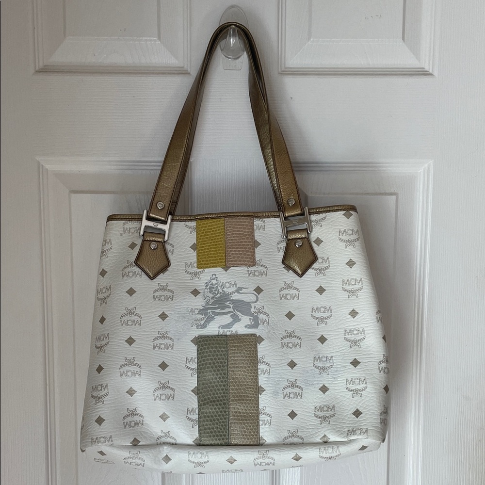 Limited Edition MCM White Logo Tote with Olive and Gold Accent Stripes